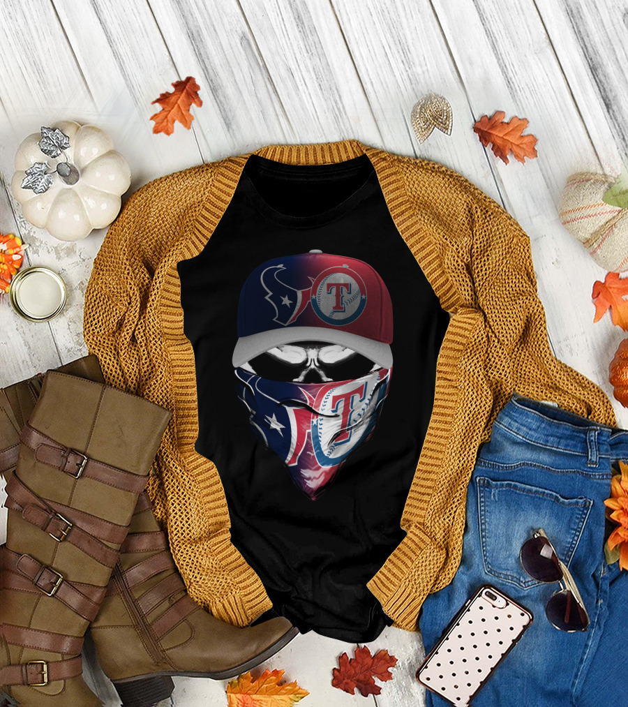 Houston Texans And Texas Rangers Skull Bandana Hat Dual Theme T-Shirt