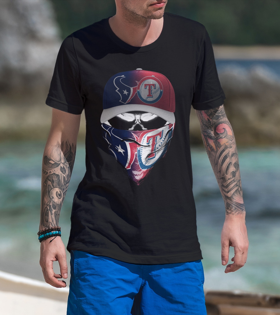 Houston Texans And Texas Rangers Skull Bandana Hat Dual Theme T-Shirt