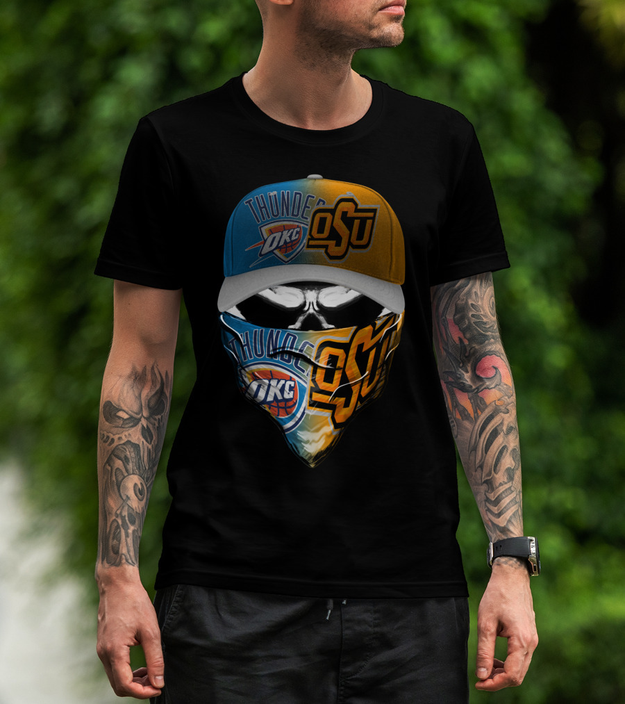Okc Thunder Osu Split Face Skull Bandana Hat T-Shirt