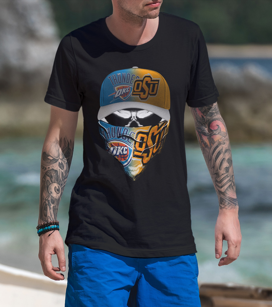 Okc Thunder Osu Split Face Skull Bandana Hat T-Shirt