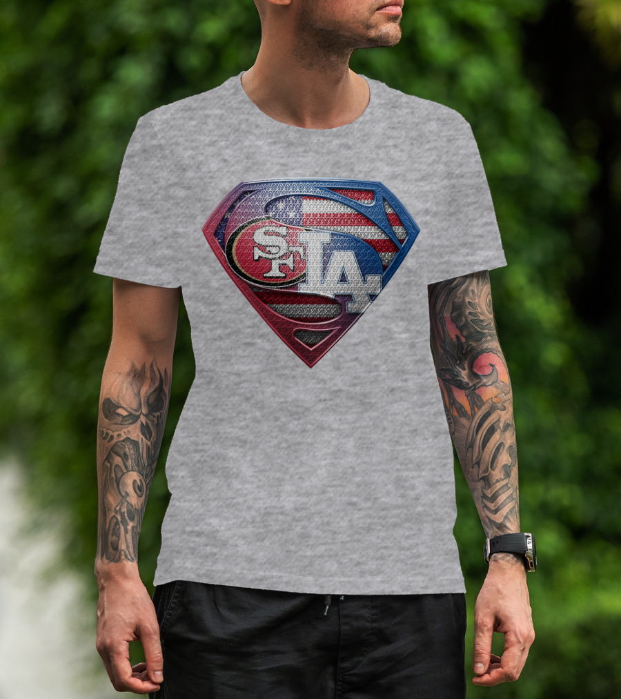 Sf La Superman Shield American Flag Hintergrund T-Shirt