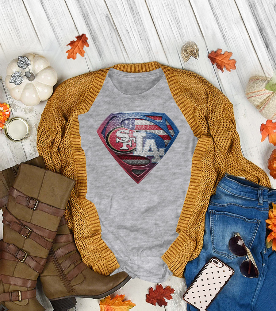 Sf La Superman Shield American Flag Hintergrund T-Shirt