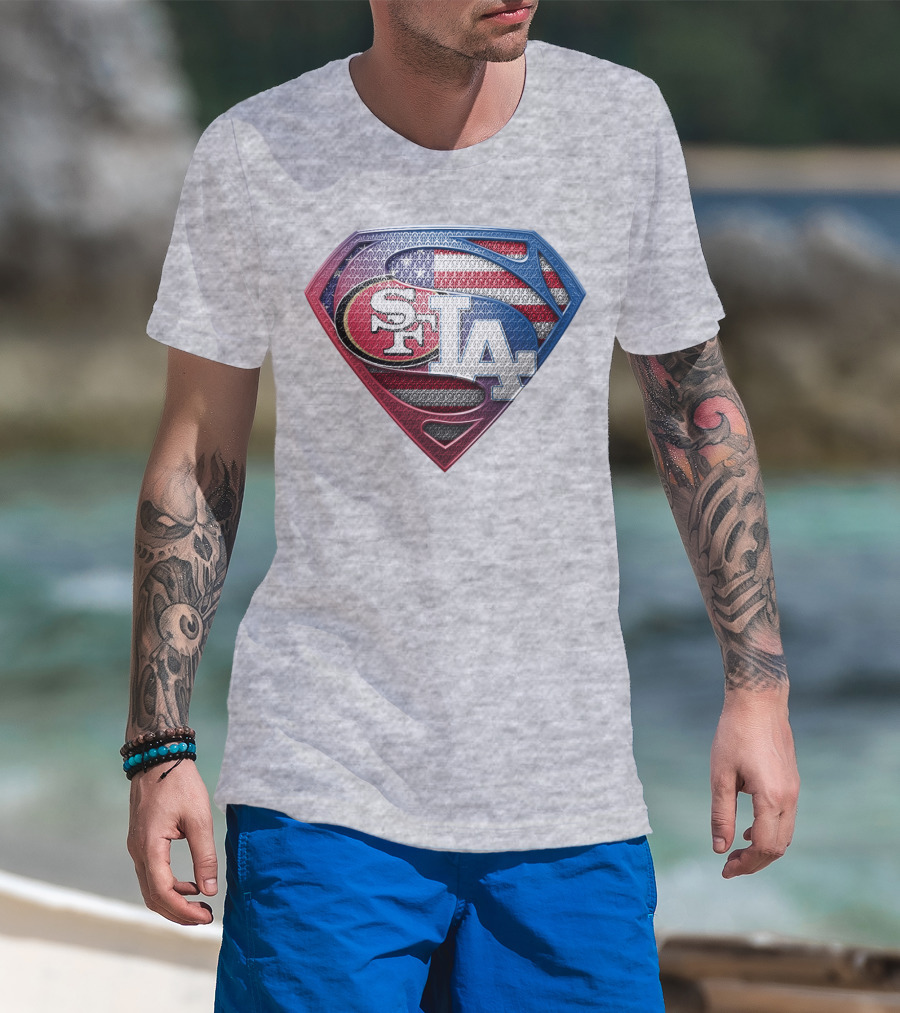 Sf La Superman Shield American Flag Hintergrund T-Shirt