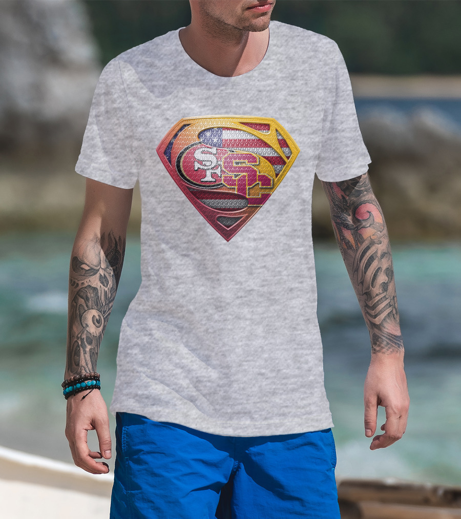 Superman Shield With San Francisco And Usc Logos Merged Over American Flag T-Shirt
