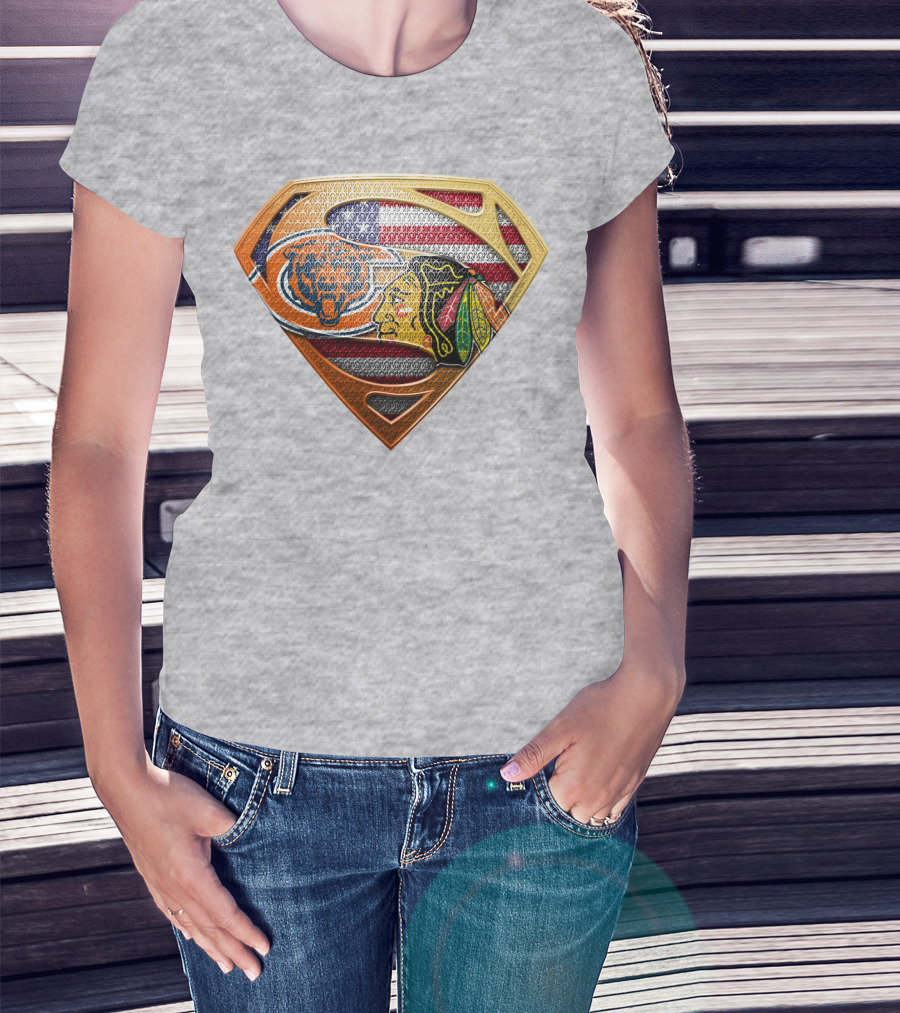 Chicago Bears Blackhawks American Flag Superman T-Shirt
