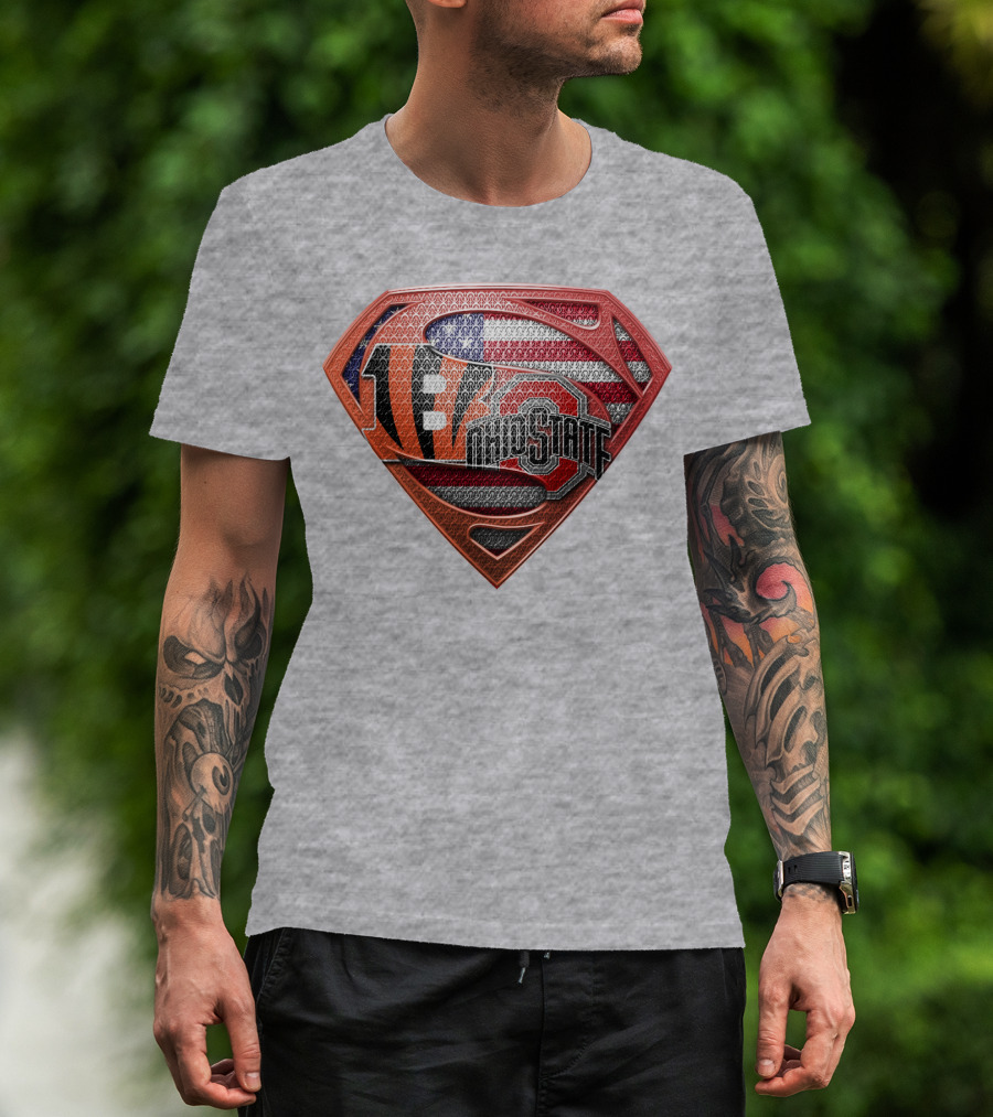 Superman Shield With Cincinnati Bengals Tiger Stripes Ohio State Logo And American Flag T-Shirt