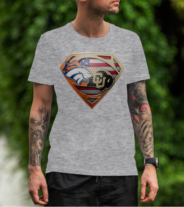Denver Broncos Colorado Buffaloes American Flag Superman Logo Mashup T-Shirt
