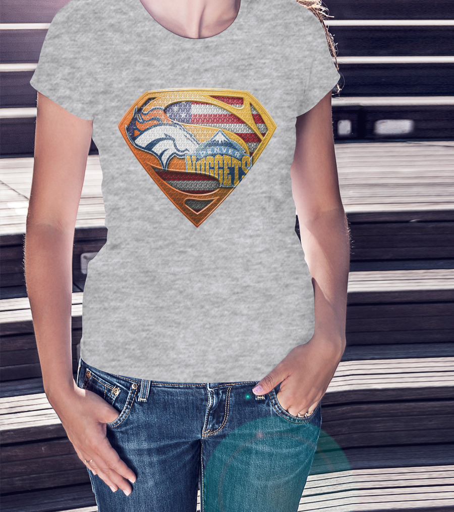 Denver Nuggets Broncos American Flag Super Hero Shield T-Shirt