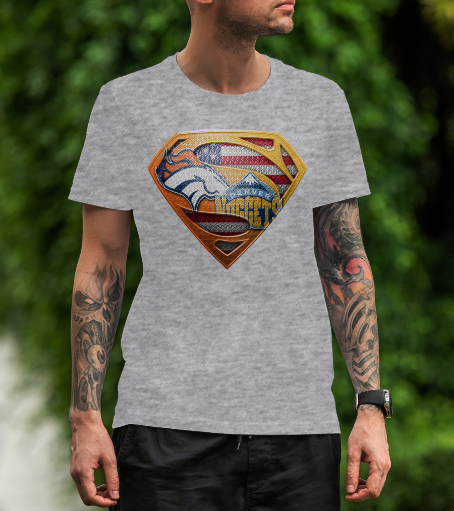 Denver Nuggets Broncos American Flag Super Hero Shield T-Shirt