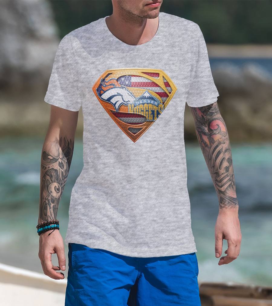 Denver Nuggets Broncos American Flag Super Hero Shield T-Shirt