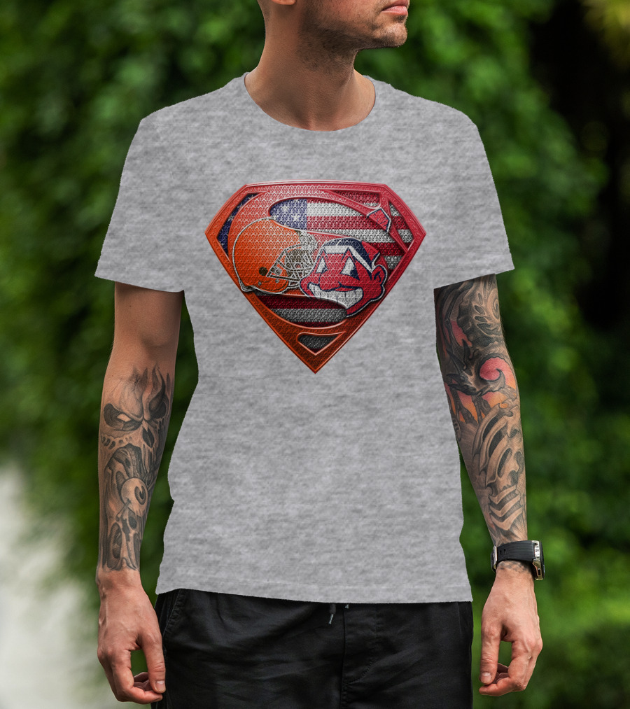 Superman Shield Cleveland Browns Helmet Chief Wahoo American Flag T-Shirt