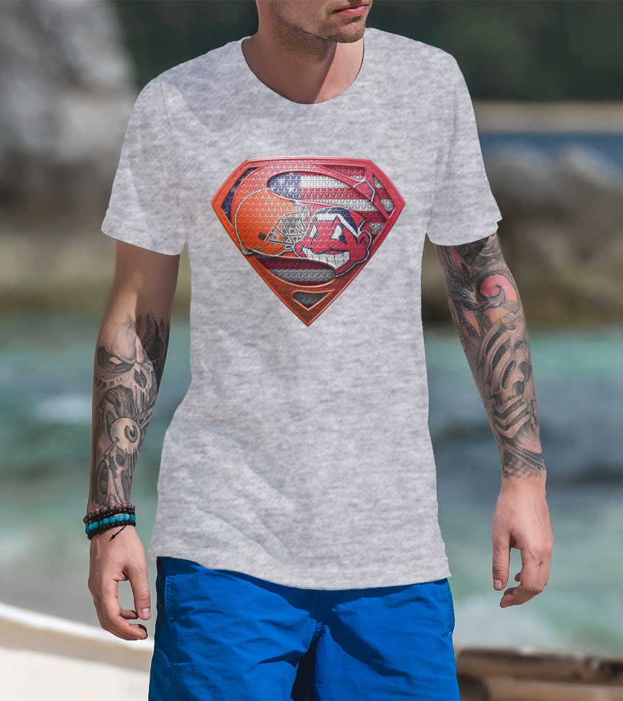Superman Shield Cleveland Browns Helmet Chief Wahoo American Flag T-Shirt