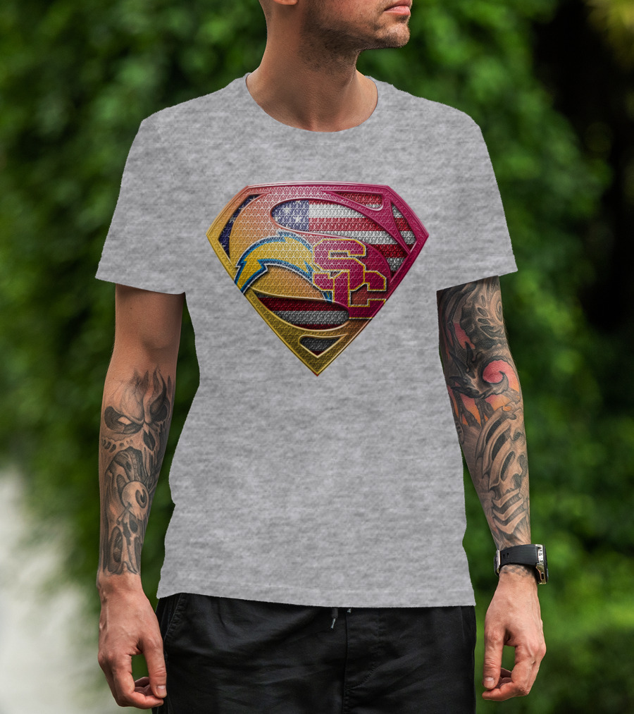 Superman Chargers Trojans American Flag Emblem On Gray T-Shirt