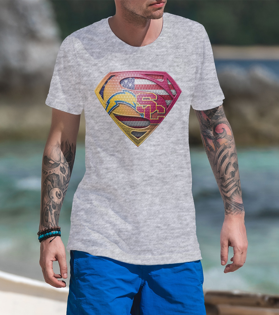 Superman Chargers Trojans American Flag Emblem On Gray T-Shirt