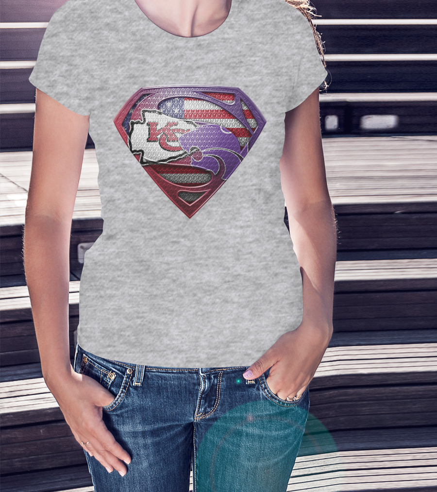Kansas City Chiefs Superman Logo With American Flag And Kansas Map T-Shirt