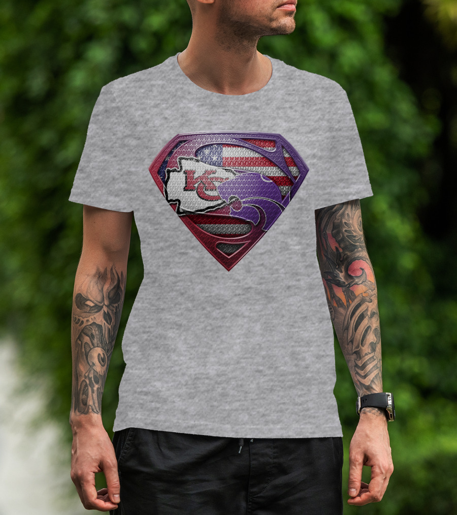 Kansas City Chiefs Superman Logo With American Flag And Kansas Map T-Shirt
