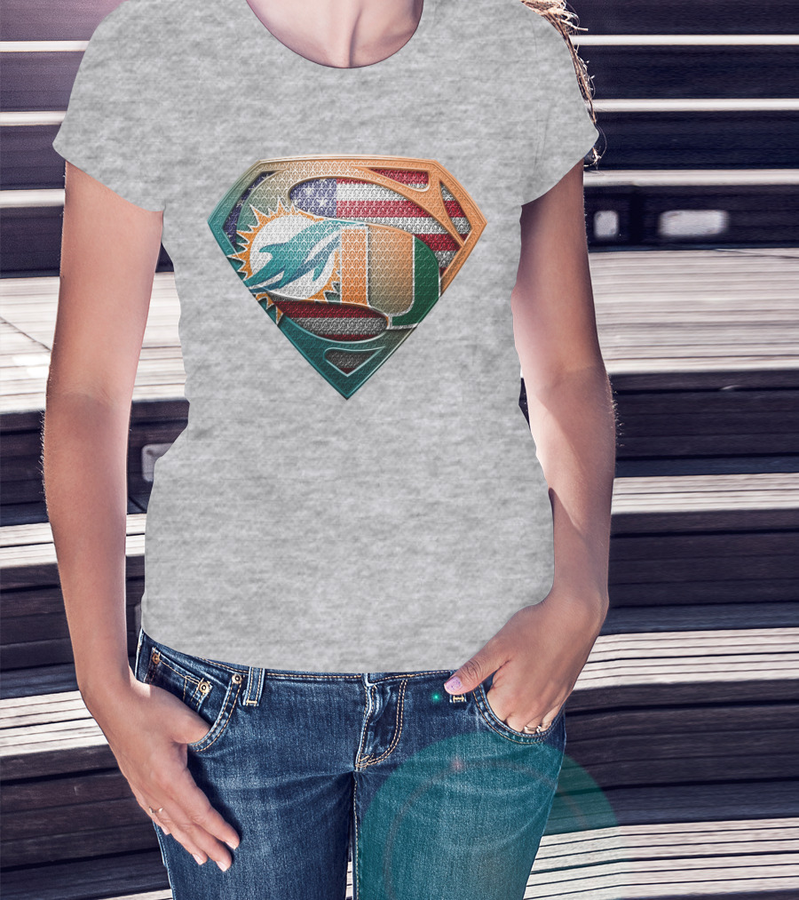 Miami Dolphins University Of Miami Superman Logo With American Flag T-Shirt