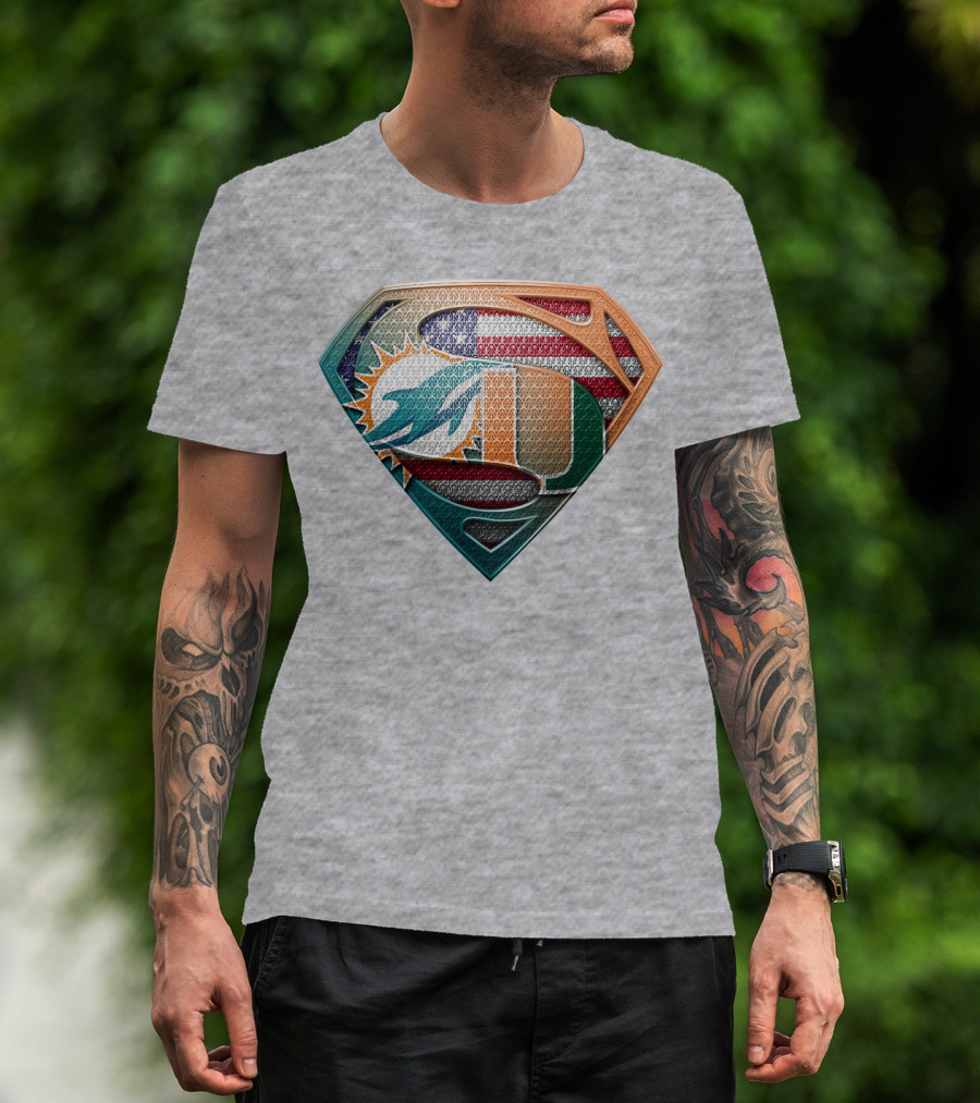 Miami Dolphins University Of Miami Superman Logo With American Flag T-Shirt