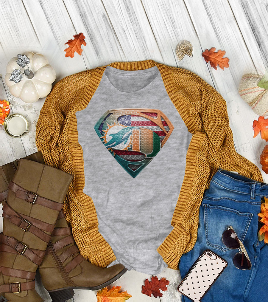 Miami Dolphins University Of Miami Superman Logo With American Flag T-Shirt