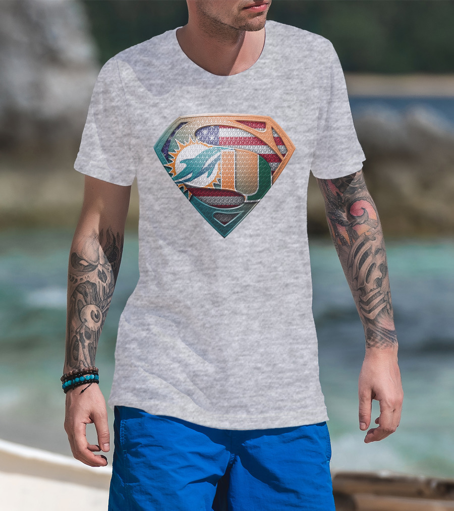 Miami Dolphins University Of Miami Superman Logo With American Flag T-Shirt