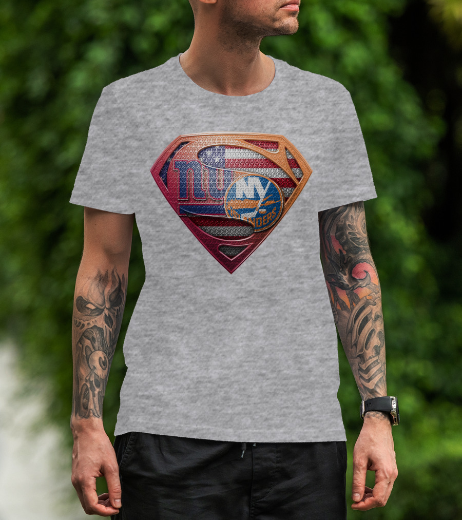 New York Giants Islanders Superman Shield American Flag T-Shirt