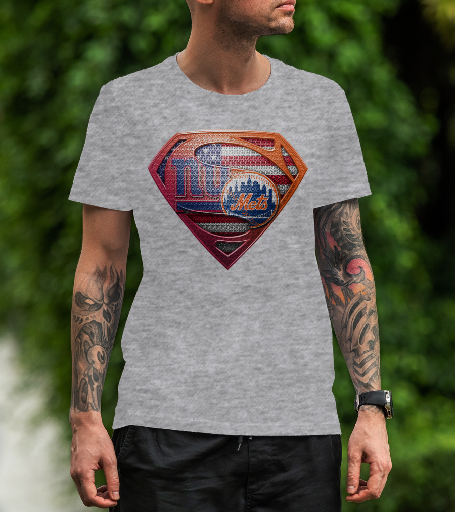 Giants Mets Superman Logo American Flag T-Shirt