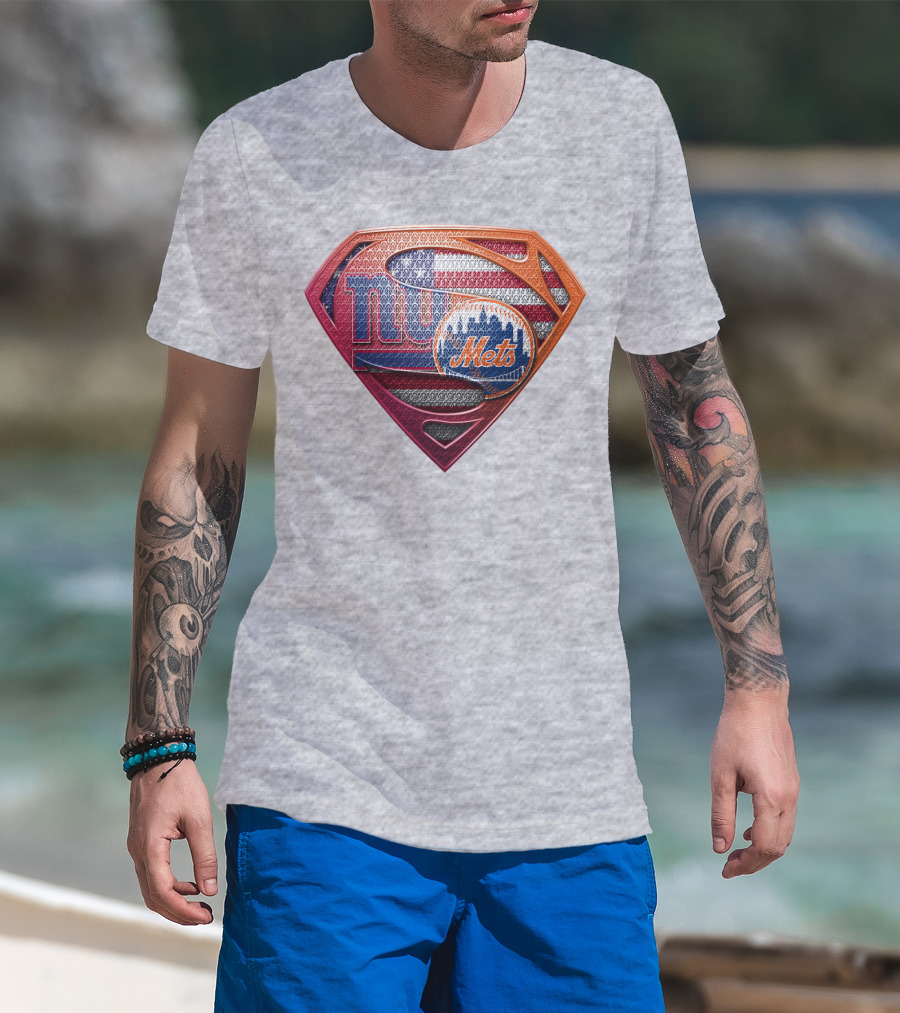 Giants Mets Superman Logo American Flag T-Shirt