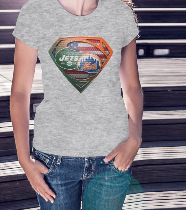 New York Jets Mets Logo With American Flag And Superman Shield T-Shirt