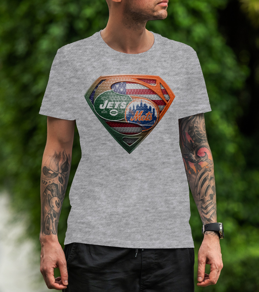 New York Jets Mets Logo With American Flag And Superman Shield T-Shirt