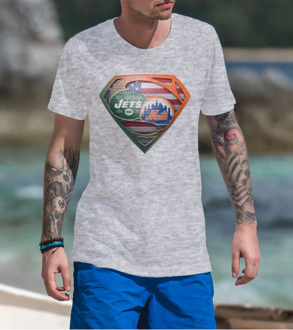 New York Jets Mets Logo With American Flag And Superman Shield T-Shirt