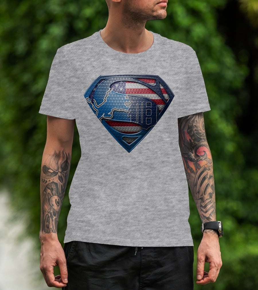 Detroit Lions American Flag Superhero Emblem T-Shirt