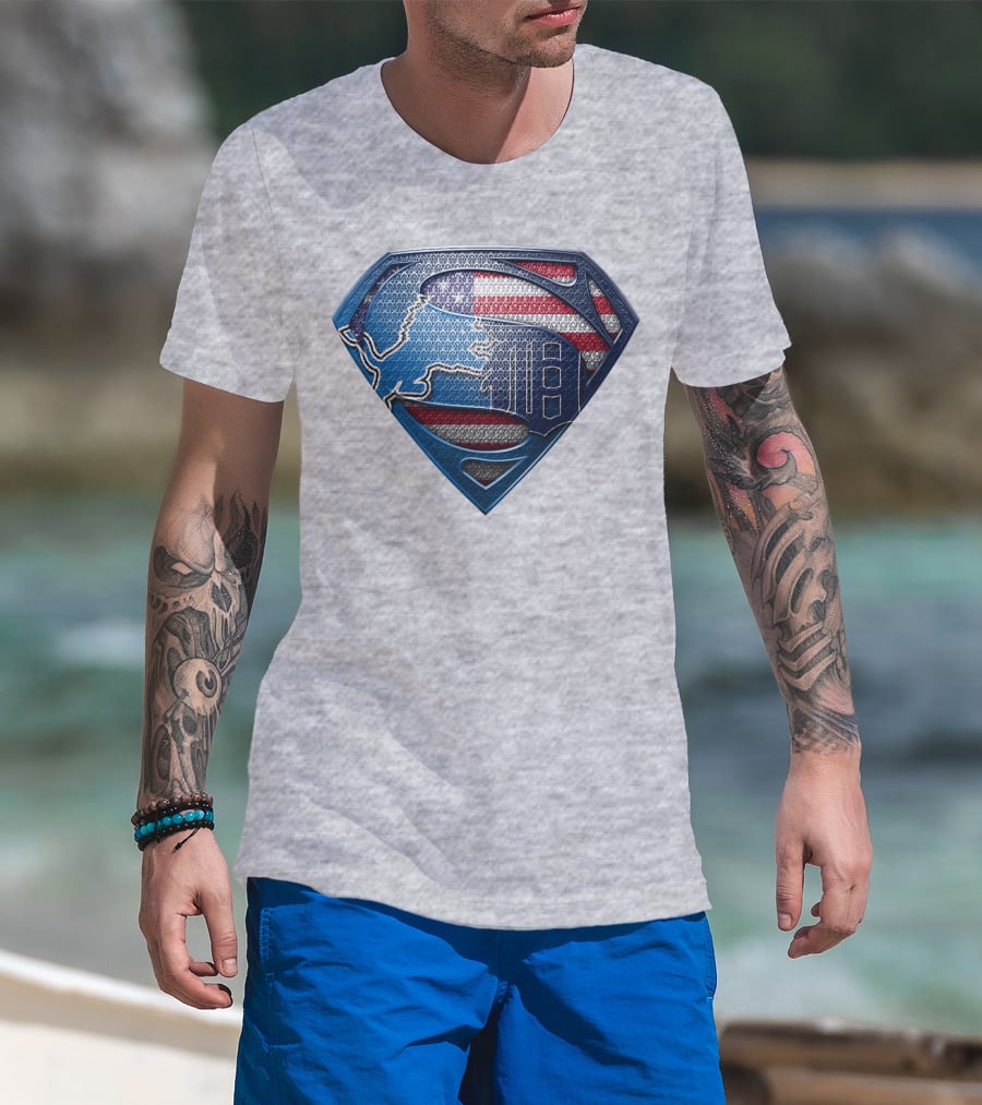 Detroit Lions American Flag Superhero Emblem T-Shirt