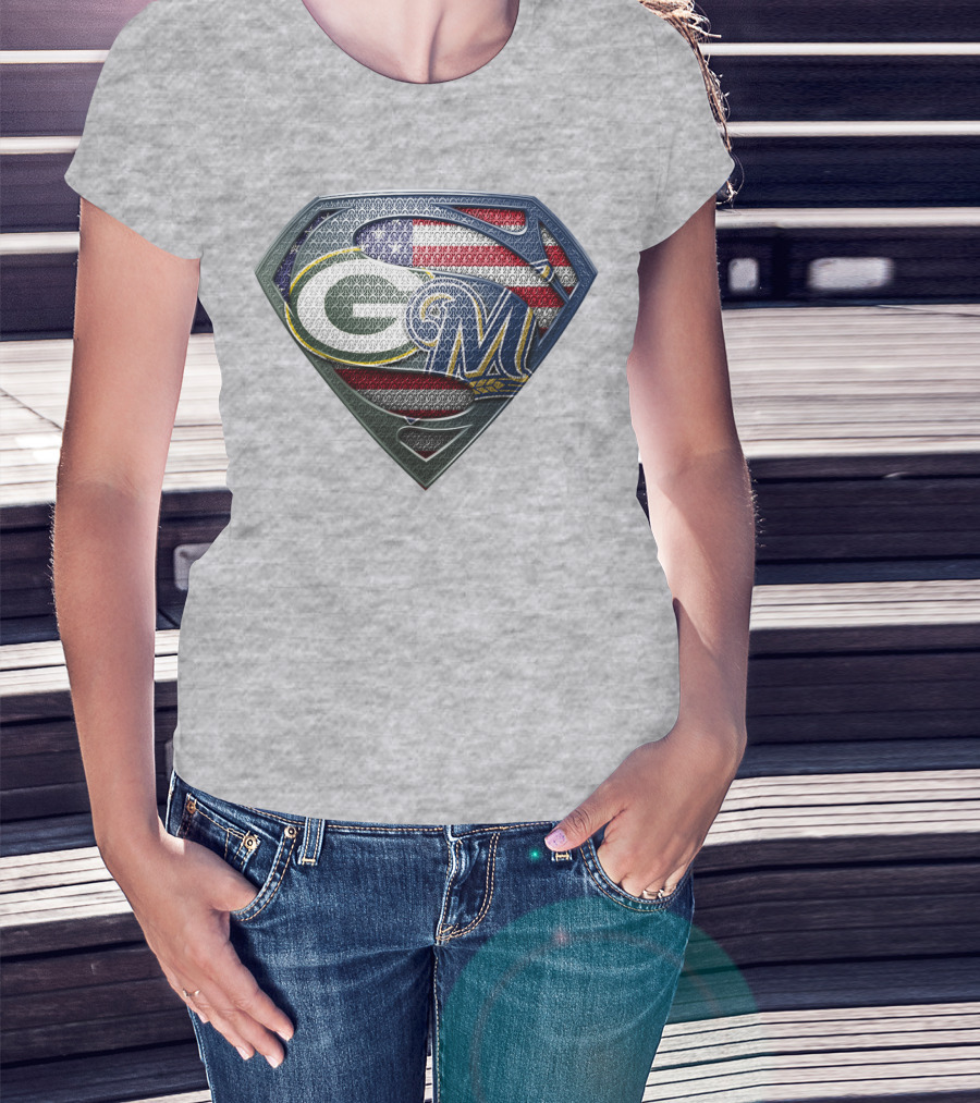 Green Bay Packers Milwaukee Brewers American Flag Superman T-Shirt
