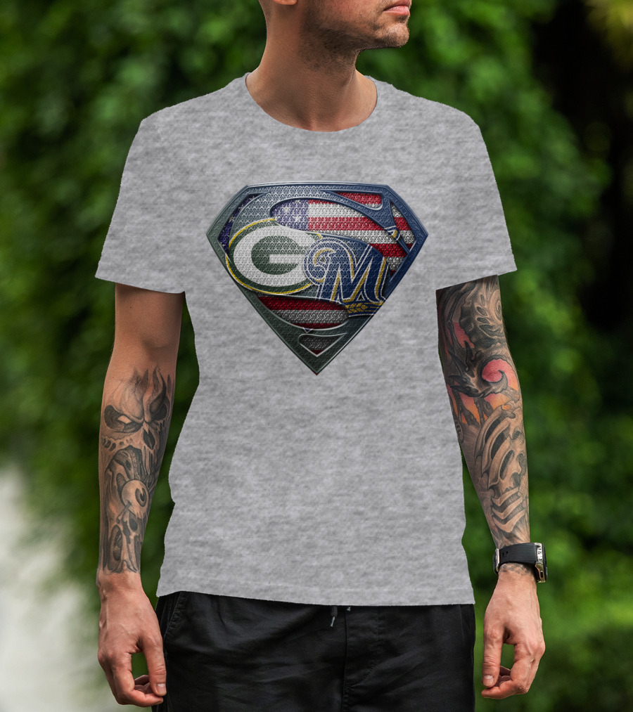 Green Bay Packers Milwaukee Brewers American Flag Superman T-Shirt