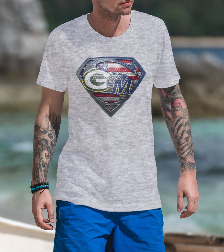 Green Bay Packers Milwaukee Brewers American Flag Superman T-Shirt