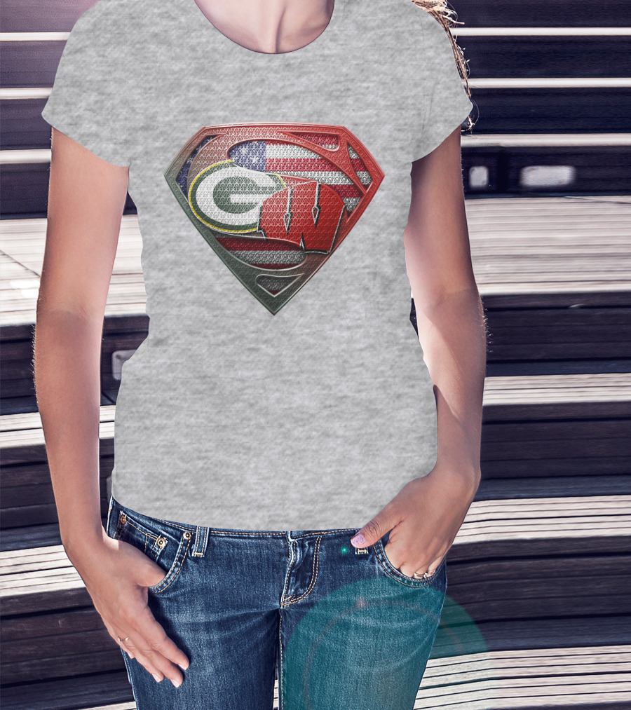 Green Bay Packers Wisconsin Badgers American Flag Superman Shield T-Shirt