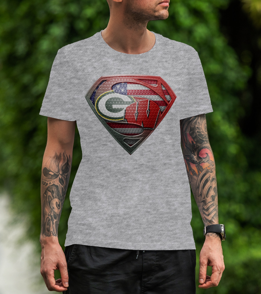 Green Bay Packers Wisconsin Badgers American Flag Superman Shield T-Shirt