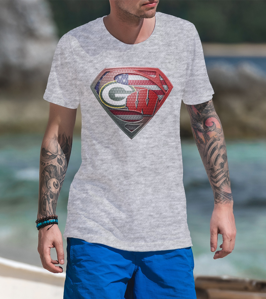 Green Bay Packers Wisconsin Badgers American Flag Superman Shield T-Shirt