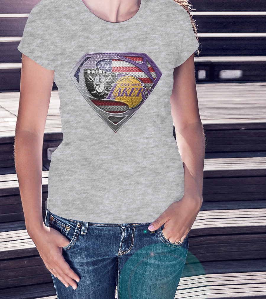Los Angeles Lakers Raiders American Flag Superman Shield T-Shirt