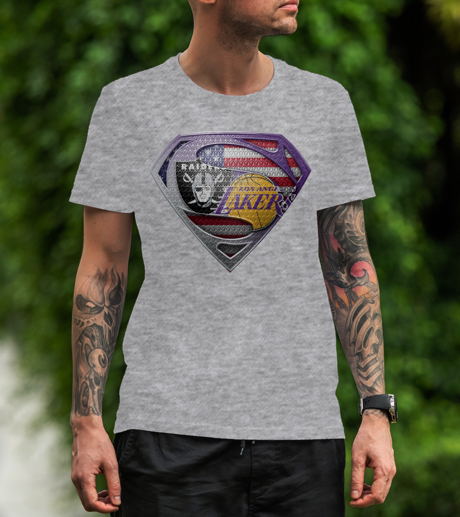 Los Angeles Lakers Raiders American Flag Superman Shield T-Shirt