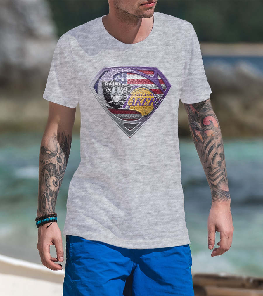 Los Angeles Lakers Raiders American Flag Superman Shield T-Shirt