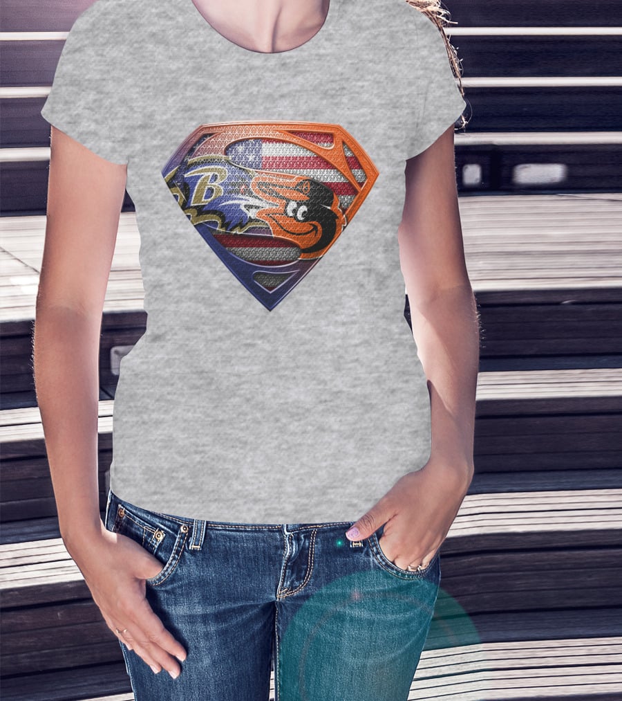 Baltimore Ravens Orioles American Flag Superman Shield T-Shirt