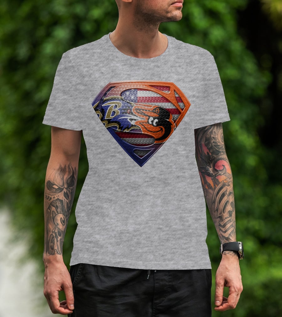 Baltimore Ravens Orioles American Flag Superman Shield T-Shirt