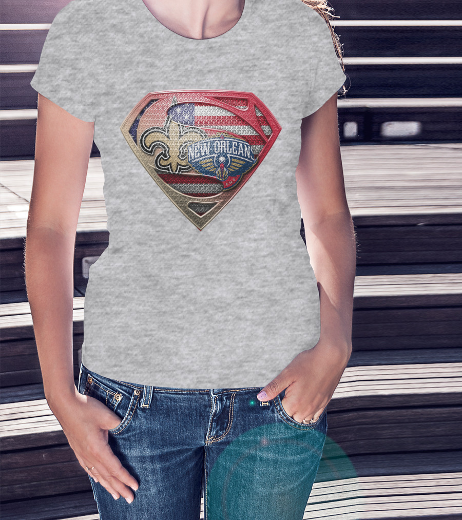 Superman Shield New Orleans Saints Pelicans American Flag T-Shirt
