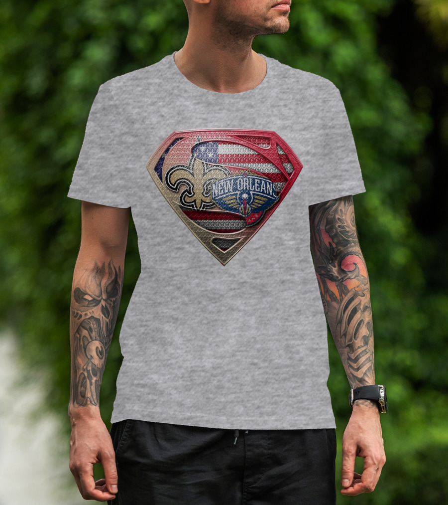 Superman Shield New Orleans Saints Pelicans American Flag T-Shirt