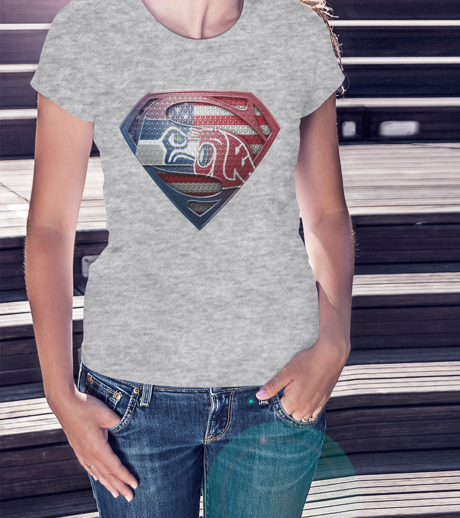 Seahawks Cougars Superman Shield Usa Flag T-Shirt