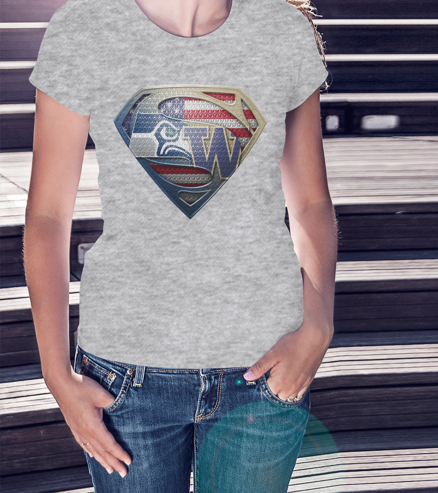 Superman Logo Seahawks W American Flag Hybrid T-Shirt