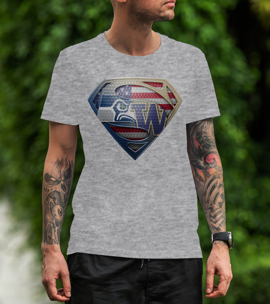 Superman Logo Seahawks W American Flag Hybrid T-Shirt