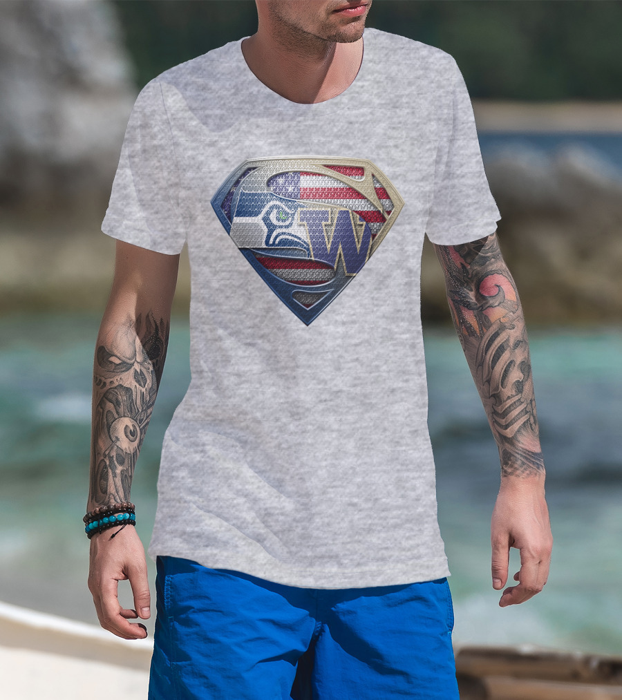 Superman Logo Seahawks W American Flag Hybrid T-Shirt