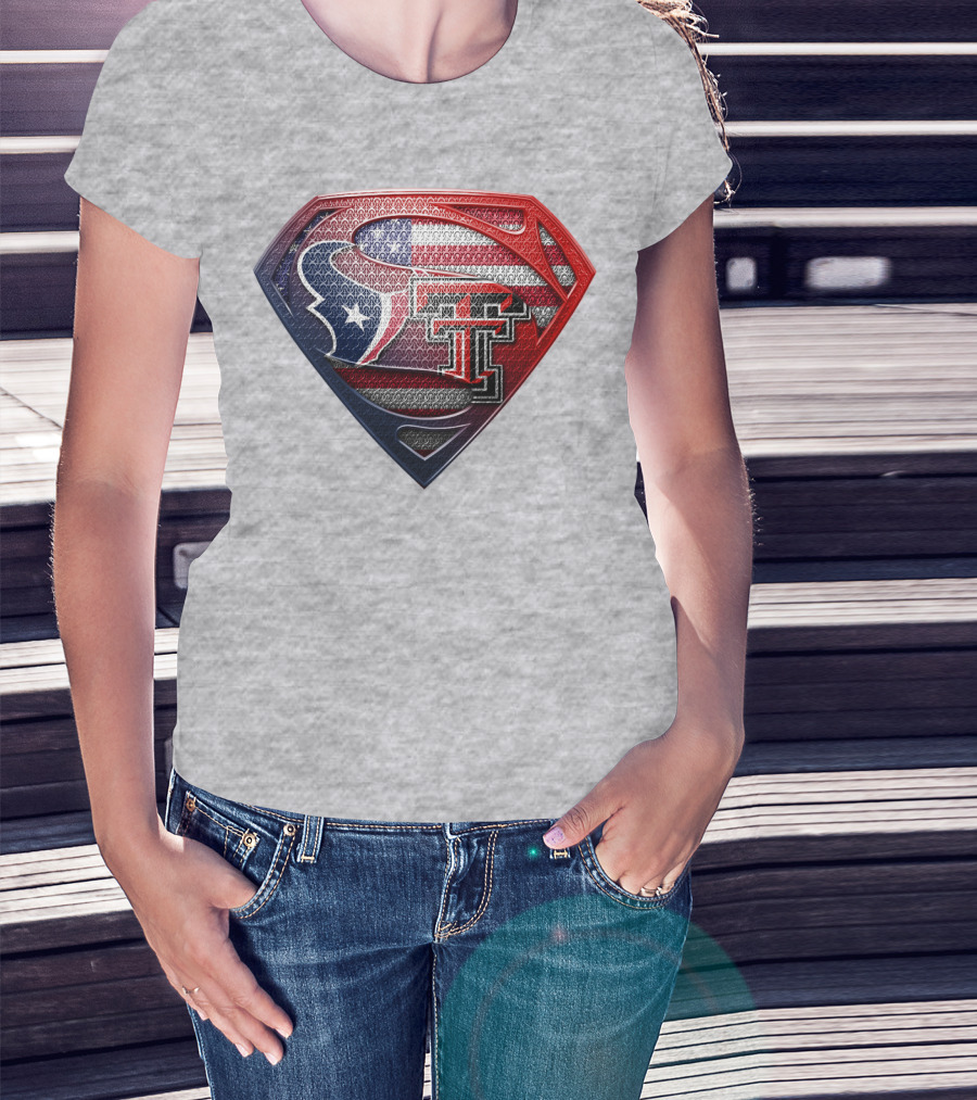 Superman Shield Texas Tech Red Raiders Houston Texans Usa Flag T-Shirt
